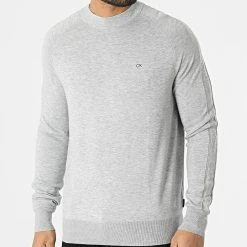 Coupon 😍 Pull A Bandes Logo Jacquard 8143 Gris Chiné de Calvin Klein ✨
