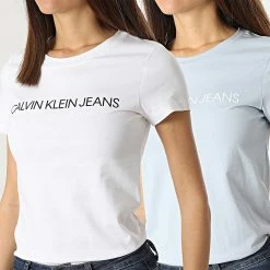 Meilleur prix 😉 Lot De 2 Tee 👚 Shirts Femme 9734 Blanc Bleu Clair de Calvin Klein 🌟