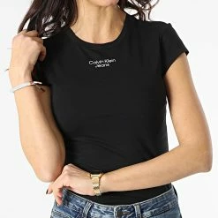 Offres 💯 Tee 👕 Shirt Femme Stacked Logo 8707 Noir de Calvin Klein ❤️ -France Calvin Klein Soldes 2024 calvin klein 299367 J20J218707 BEH 20220121T163552 03