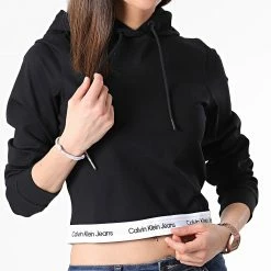 Le moins cher 🎁 Sweat Capuche Femme Crop 8860 Noir de Calvin Klein 👍