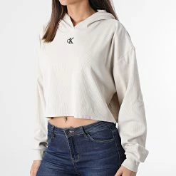 Nouveau ⌛ Sweat Capuche Femme Crop 8697 Beige de Calvin Klein 😍 -France Calvin Klein Soldes 2024 calvin klein 304171 J20J218697 ACF 20220223T152920 03