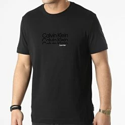 Meilleur prix 👍 Tee 👚 Shirt Triple Logo Flock 8835 Noir de Calvin Klein 😍