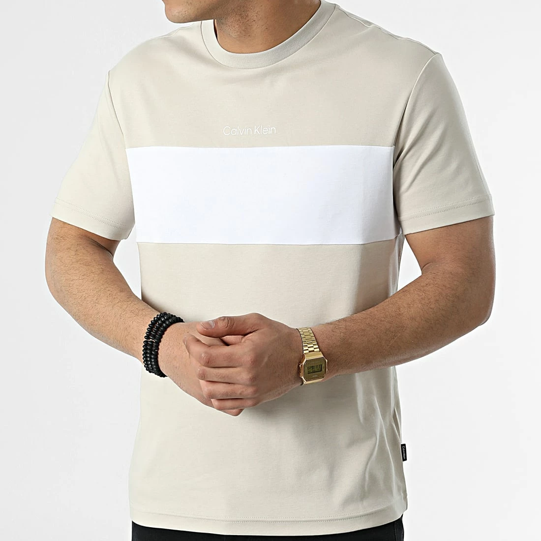 Budget 🎁 Tee 👕 Shirt Color Blocking Logo 8743 Beige Blanc de Calvin Klein 🔔 3 Budget 🎁 Tee 👕 Shirt Color Blocking Logo 8743 Beige Blanc de Calvin Klein 🔔 – Image 3