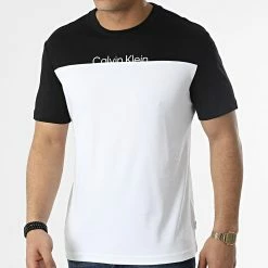 Promo 🥰 Tee 👚 Shirt Color Blocking Cut Logo 8839 Blanc Noir de Calvin Klein 🤩