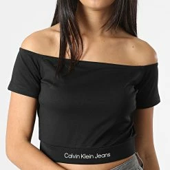 Remise ✔️ Top Col Bateau Femme Crop 9079 Noir de Calvin Klein 🔔