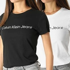 Promo 😉 Lot De 2 Tee 👕 Shirts Femme 0161 Blanc Noir de Calvin Klein 💯