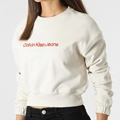Nouveau 😀 Sweat Crewneck Femme Crop 8165 Beige de Calvin Klein 😍 -France Calvin Klein Soldes 2024 calvin klein 315891 J20J218165 ACF 20220512T155115 03