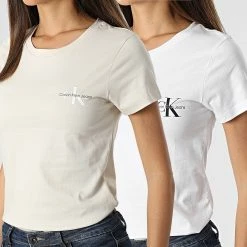 Nouveau 🎁 Lot De 2 Tee 👚 Shirts Slim Femme 9734 Blanc Beige de Calvin Klein 🔥