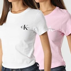 Nouveau 👍 Lot De 2 Tee 👕 Shirts Slim Femme 9734 Blanc Rose de Calvin Klein 😍