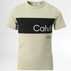 Sortie ⌛ Tee 👕 Shirt Enfant Color Block Stack Logo 1314 Vert Kaki Noir de Calvin Klein 🎉