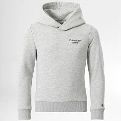 Budget 😍 Sweat Capuche Enfant Stack Logo 1293 Gris Chiné de Calvin Klein 🎁