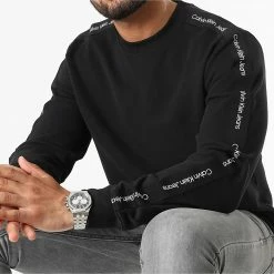 Vente flash 😀 Sweat Crewneck A Bandes Contrast Tape 0037 Noir de Calvin Klein 😉