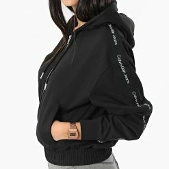 Tout neuf 🔥 Sweat Capuche Zippé Femme A Bandes 8981 Noir de Calvin Klein ✨