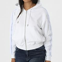De gros 🔥 Sweat Capuche Zippé Femme A Bandes 8981 Blanc de Calvin Klein 🌟 -France Calvin Klein Soldes 2024 calvin klein 321161 J20J218981 YAF 20220530T161931 03
