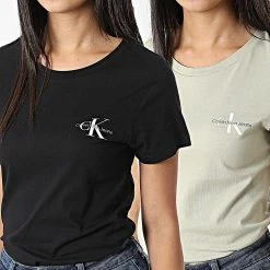 Meilleur prix 👍 Lot De 2 Tee 👕 Shirts Femme 9734 Noir Vert Kaki de Calvin Klein 🥰