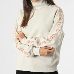 Le moins cher ⌛ Sweat Col Roulé Femme A Bandes Tape 9753 Beige de Calvin Klein 😀