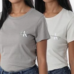 Meilleure vente 👏 Lot De 2 Tee 👕 Shirts Femme 9734 Beige Taupe de Calvin Klein ✨