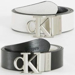 Meilleure vente 😀 Ceinture Réversible Femme Round Mono Plaque 0111 Noir de Calvin Klein 🔔