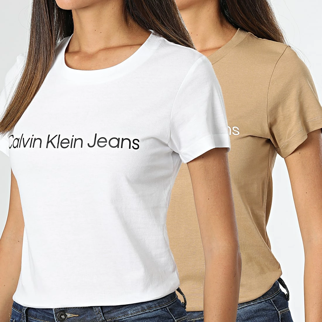 Budget 👏 Lot De 2 Tee 👕 Shirts Femme 6466 Blanc Beige de Calvin Klein 💯 1 Budget 👏 Lot De 2 Tee 👕 Shirts Femme 6466 Blanc Beige de Calvin Klein 💯