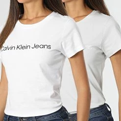 Sortie 😉 Lot De 2 Tee 👕 Shirts Femme 6466 Blanc Gris de Calvin Klein 🥰