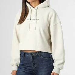 Remise 😉 Sweat Capuche Polaire Crop Femme 9762 Beige de Calvin Klein 🎉