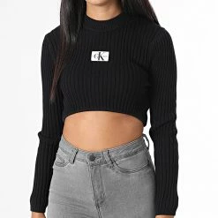 Budget 🔥 Pull Crop Femme 9648 Noir de Calvin Klein 🎁