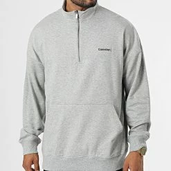 Tout neuf 👍 Sweat Col Zippé NM2299E Gris Chiné de Calvin Klein 💯