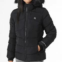 Remise 🧨 Doudoune Capuche Fourrure Femme 9824 Noir de Calvin Klein ❤️