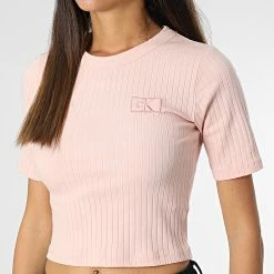 Nouveau ✔️ Tee 👕 Shirt Crop Femme 9895 Rose de Calvin Klein ✔️