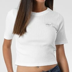 Tout neuf 🔔 Tee 👕 Shirt Crop Femme 9895 Blanc de Calvin Klein ❤️