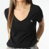 Coupon ✨ Tee 👚 Shirt Slim Femme Col V Embroidery Stretch 3716 Noir de Calvin Klein ⌛