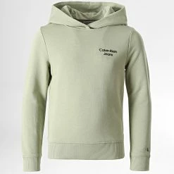 Le moins cher 🎉 Sweat Capuche Enfant Stack Logo 1293 Vert Kaki Clair de Calvin Klein 💯