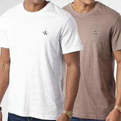 Budget 🔥 Lot De 2 Tee 👚 Shirts Monogram 0199 Camel Blanc de Calvin Klein 🔥