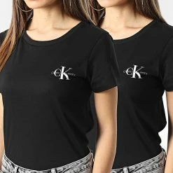 Nouveau 🛒 Lot De 2 Tee 👕 Shirt Slim Femme 9734 Noir de Calvin Klein 😀