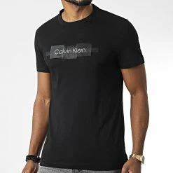 Remise 😀 Tee 👕 Shirt Box Striped Logo 0799 Noir de Calvin Klein 😍