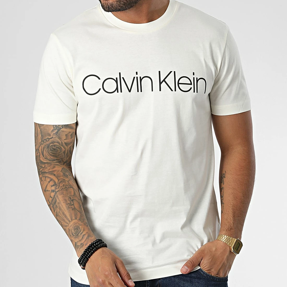 Meilleur prix 🎁 Tee 👕 Shirt Cotton Front Logo 3078 Beige de Calvin Klein 😍 3 Meilleur prix 🎁 Tee 👕 Shirt Cotton Front Logo 3078 Beige de Calvin Klein 😍 – Image 3