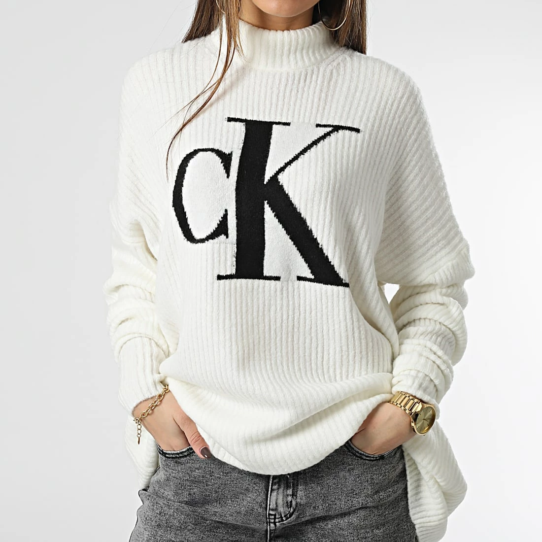 Le moins cher 🎁 Pull Col Roulé Femme Oversized CK Sweater 0440 Blanc de Calvin Klein 😉 3 Le moins cher 🎁 Pull Col Roulé Femme Oversized CK Sweater 0440 Blanc de Calvin Klein 😉 – Image 3