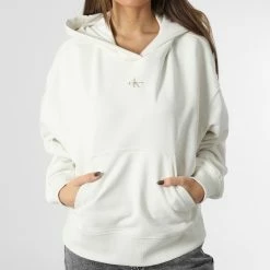 Grosses soldes 🥰 Sweat Capuche Femme Micro Monologo 0434 Blanc de Calvin Klein 👏