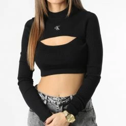 Promo 🧨 Pull Crop Femme Cut Out Neckline 0446 Noir de Calvin Klein 🔥